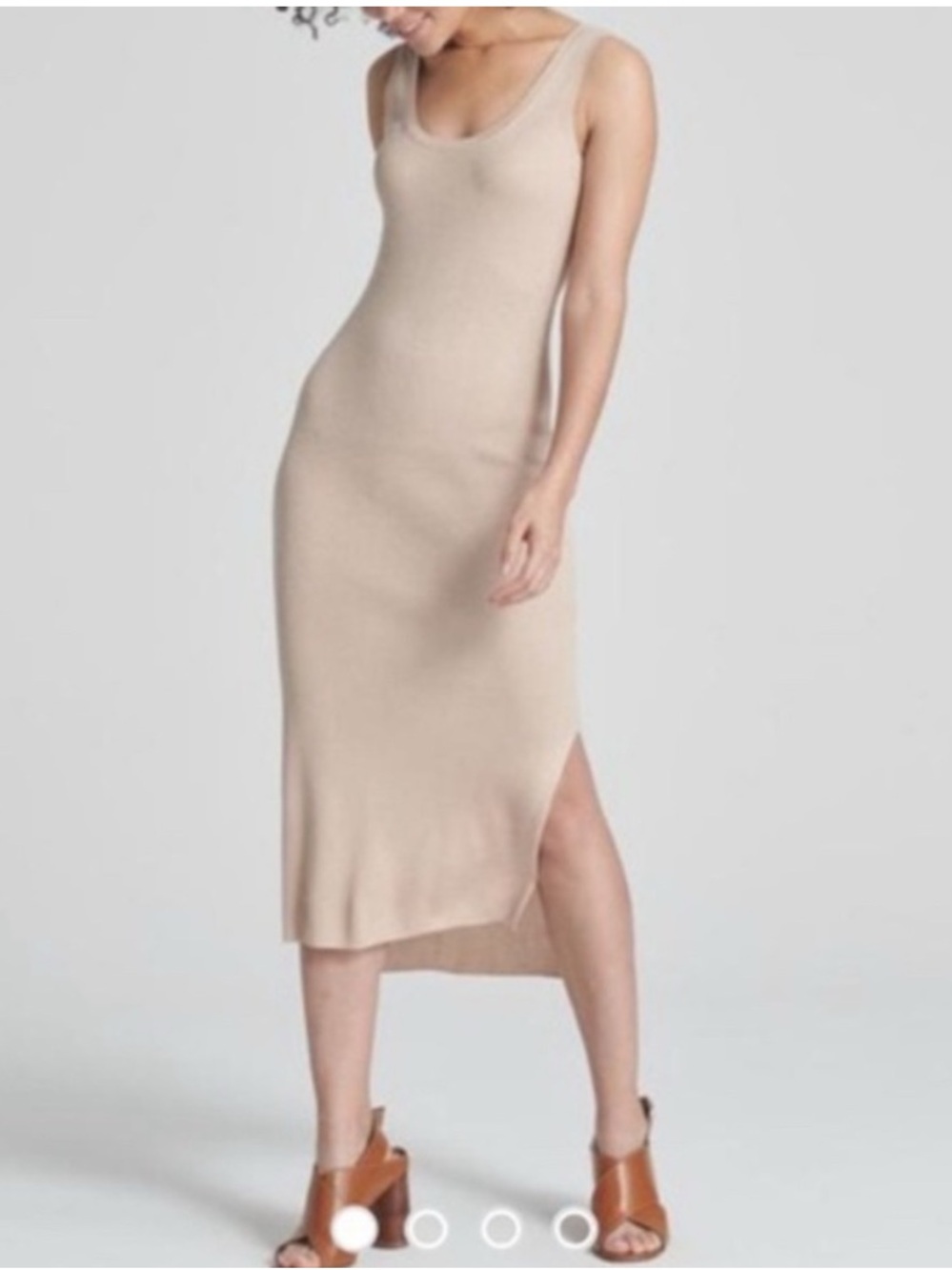 Naadam Silk & Cashmere Beige Rib Knit Tank Midi Dress Scoop Neck Size L